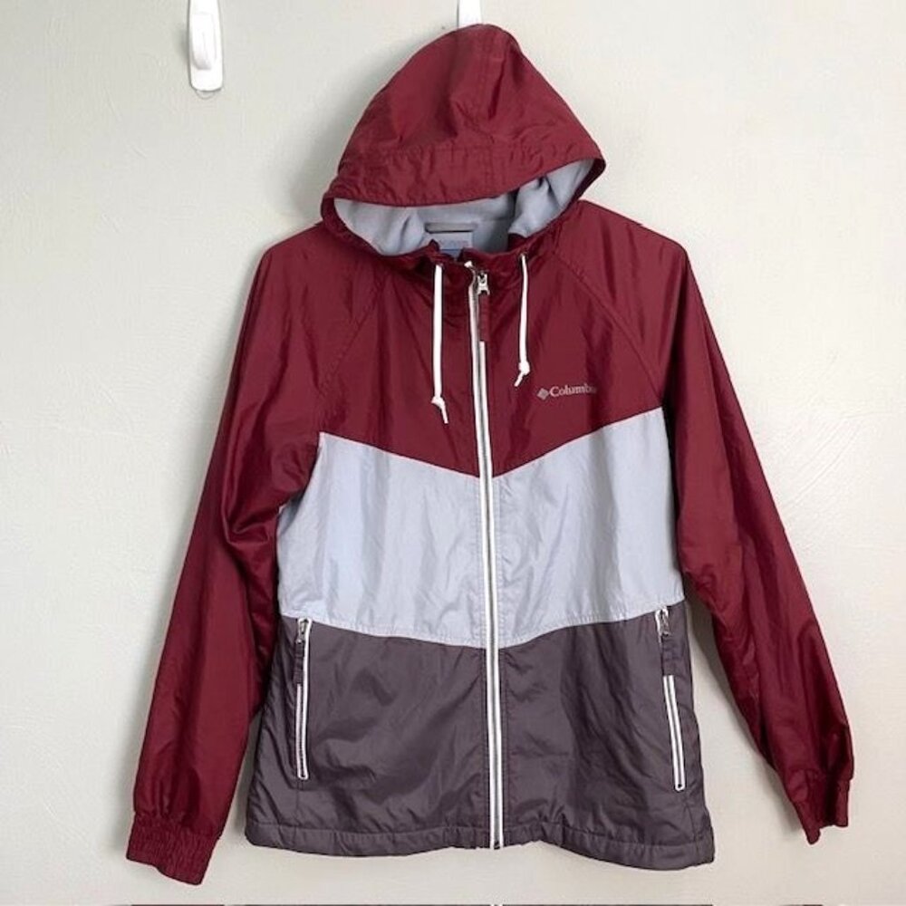 Columbia Mens Small Fleece Lined Hoodie Full Zip Windbreaker gray maroon Pockets